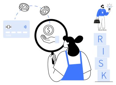 Büyüteç, düşen para ve kartla el ele tutuşmaya odaklanıyor. Finans, yatırım, bankacılık, karar verme, risk yönetimi, değerlendirme, ekonomik kavramlar için idealdir. Basit düz