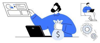 Finansal ilerlemeyi haritalarla, para çantasını dizüstü bilgisayarla, viteslerle ve uzaktan kumandayla incelemek. Finans, iş büyümesi, yatırım yönetimi, uzaktan çalışma, veri analizi için ideal