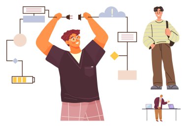 Kabloları görsel akış şeması sembollerine bağlayan adam, sırt çantalı düşünceli iş arkadaşı, masada yönetici. İşbirliği, yenilik, takım çalışması, öğrenme, yaratıcılık, liderlik planlaması için ideal