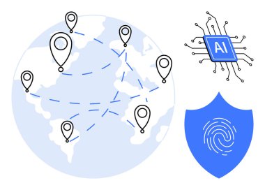Yer belirleme pimleri, yapay zeka mikroçipi ve dijital güvenlik için parmak izi kalkanı olan bir dünya. Teknoloji, küresel ağ, siber güvenlik, yapay zeka gelişimi, yenilik, veri paylaşımı için ideal
