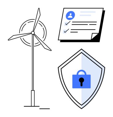 Rüzgar türbini enerji üretiyor, kontrol işaretli kullanıcı profili belgesi, kilit güvenliği simgeleyen kalkan. Yenilenebilir enerji, veri gizliliği, bilgi koruması, kişisel veri güvenliği için ideal