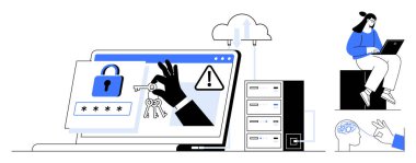 Anahtarları bir dizüstü bilgisayarın önünde kilit simgesi, sunucusu ve uyarı sembolü ile tutuyordu. Dizüstü bilgisayarda çalışan bir kadın. Teknoloji için ideal, çevrimiçi güvenlik, veri koruması, bulut hesaplama, yapay zeka güvenliği