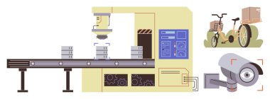 Taşıyıcı sistem paketleri istifliyor, robotik kol iş başında, teslimat bisikleti ve güvenlik kamerası var. Lojistik, otomasyon, tedarik zinciri, teknoloji, dağıtım güvenliği için ideal