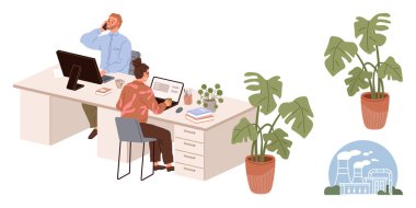 Masalarda bilgisayar ve kitaplarla çalışan iki meslektaş, saksı bitkileriyle çevrili. Çevre bilinci metaforu olarak endüstriyel fabrika illüstrasyonu. Takım çalışması, çevre dostu, verimlilik için ideal.