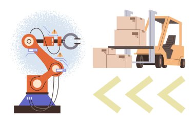 Forklift taşımanın yanı sıra yenilik, verimlilik ve teknolojiyi temsil eden hassas görevler için robot kolu. Otomasyon, lojistik, endüstri, imalat, robot deposu için ideal