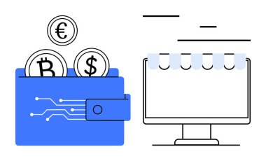 Üzerinde Bitcoin, Euro ve Dolar paraları olan dijital cüzdan tente desenli bir bilgisayar ekranının yanında. E-ticaret, fintech, kripto para birimi, çevrimiçi ödemeler, engelleme zinciri, dijital finans için ideal