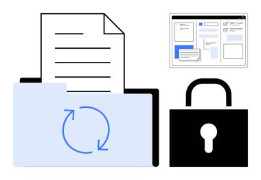 Eşzamanlama okları, web arayüzü ve veri güvenliğini, bulut depolama ve belge yönetimini temsil eden kilit içeren dosya dizini. Veri senkronizasyonu, mahremiyet, dosya paylaşımı, bulut için ideal