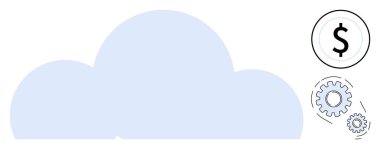 Bir dolar işareti ve birbirine kenetlenmiş iki vitesli mavi bulut şekli. Teknoloji, finans, otomasyon, bulut hesaplama, dijital strateji, iş yeniliği için ideal, basit düz metafor