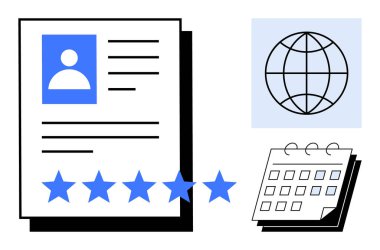 Kullanıcı bilgilerini içeren profil tablosu, beş yıldızlı not, küresel bağlantılar için dünya ve takvim. Profesyonel başarı, kişisel markalaşma, ağ, işe alım, kariyer planlama randevuları için ideal