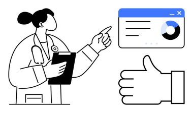 Stetoskop ve not paneli olan kadın doktor baş parmağının yanında bir veri torpidosuna işaret ediyor. Sağlık, analitik, veri görselleştirme, tıbbi hizmetler, onay, takım çalışması için ideal