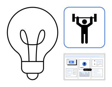 Yaratıcılık için büyük ampul, güç için halterci sembolü ve analitik için veri paneli. Yenilik için ideal, problem çözme, üretkenlik, ilerleme, takım çalışması, basit düz planlama