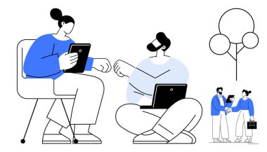 İki meslektaş, tablet ve dizüstü bilgisayarları kullanarak fikir alışverişinde bulunuyor. Arka planda ağaçlar var. Takım çalışması, danışma, uzak çalışma, yaratıcı süreçler, ortaklıklar, modern