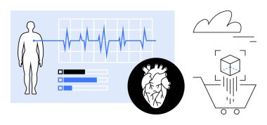 EKG grafiği, kalp diyagramı, dinamik şeması, bulut ve veri akışına sahip insan figürü. Sağlık hizmetleri, dijital sağlık, tıbbi veriler, yenilik teletıp fitness teknolojisi için idealdir