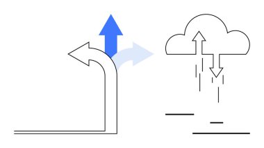 Sol ve yukarı doğru oklar karar verme ve büyüme olduğunu gösteriyor. Oklu bir bulut veri alışverişini ve işlem yönetimini sembolize eder. Karar verme, veri paylaşımı, yenilik ve seçim yolları için ideal