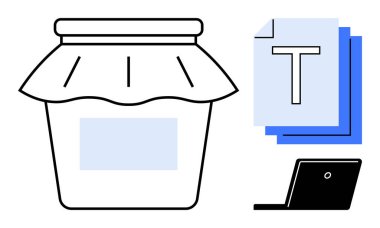 Kapaklı kavanoz, içeriği T ve dijital aktiviteler için bir dizüstü bilgisayarla birlikte depolanmış belgeleri sembolize eder. Arşivleme, yazma, dijital araçlar, yaratıcılık ve içerik için ideal