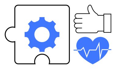 Takım çalışması için yapboz parçası, sağlık için kalp atışı ikonu, onay için baş parmak. Takım çalışması, sağlık, refah, işbirliği, yenilik, başarı ve basit iniş sayfası için ideal