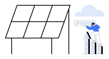 Geniş güneş paneli, teleskopla kontrol edilen sabit şekilli, yenilenebilir enerji, teknoloji, strateji ve araştırmayı simgeleyen. Yenilik için ideal, yeşil çözümler, sürdürülebilirlik, iş büyümesi