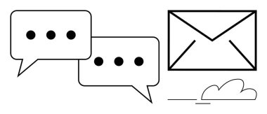 Konuşma baloncukları ve mesaj, e-posta ve iletişimi temsil eden zarf simgesi. Bulut elemanı çevrimiçi depolamada ipucu veriyor. İşbirliği, ağ oluşturma, dijital mesajlaşma ve teknoloji için ideal