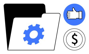 Verimliliği, onayı ve finansal büyümeyi vurgulayan teçhizat sembolü, onay simgesi ve dolar işareti içeren klasörü aç. İş, iş akışı, finans, otomasyon başarısı için ideal basit pazarlama