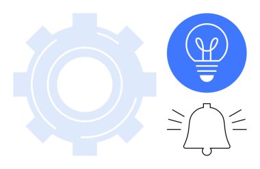 Dişlileri sembolize etme süreci, yenilikler için mavi ampul, uyarılar için çan simgesi. Teknoloji, yaratıcılık, üretkenlik, beyin fırtınası, otomasyon, yönetim sade iniş sayfası için ideal