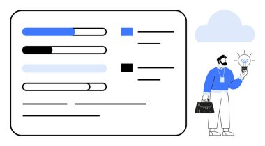 Gösterge panelinde elinde ampul tutan bir profesyonelin çizelgesi ve çizelgesi var. Üretkenlik, yenilik, iş akışı, analiz, yönetim, proje izleme ve veri görselleştirme için idealdir. Basit.