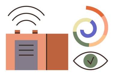 Sinyal yayan dikdörtgen bir cihaz, dairesel veri şeması ve işaretli bir göz. Teknoloji, bağlantı, analitik, güvenlik, iletişim için ideal. Basit bir düz metafor.