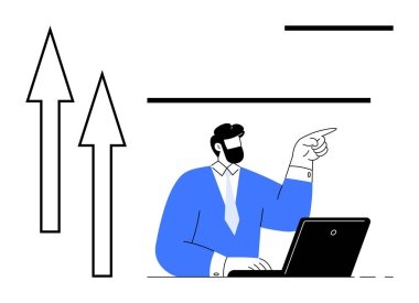 Dizüstü bilgisayarda çalışan bir iş adamı, büyüyen okların yanına işaret ediyor. İş stratejisi, ilerleme, liderlik, karar verme, profesyonel gelişim, teknoloji, başarı için idealdir.