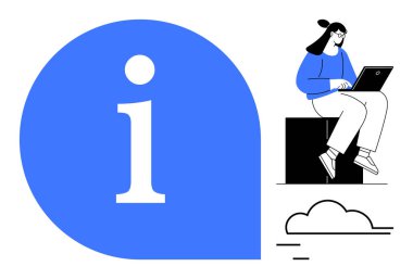 Dizüstü bilgisayardaki birinin yanında büyük mavi bilgi simgesi, soyut bulutlar. Teknoloji, öğrenim, rehberlik, bilgi, yardım, eğitimle ilgili kavramları desteklemek için idealdir. Basit düz metafor