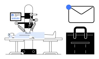 Robot kollar hastaya ameliyat yapıyor, e-posta zarfı, profesyonel evrak çantası. Sağlık, yenilik, teknoloji, otomasyon, iletişim iş akışı ve verimlilik kavramları için idealdir. A