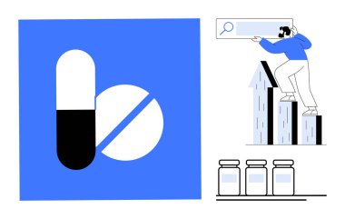 İlaç kapsülü ve tablet, oklarla grafikler, pazar eğilimlerini araştıran adam, ilaç şişeleri. Sağlık, eczane, iş büyümesi, araştırma yeniliği ekonomi tıbbı için idealdir. Basit düz