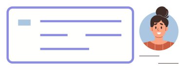 Kişisel verileri temsil eden, metin satırları ve gülümseyen kadın portresi ikonu içeren yatay düzenleme içeren profil kartı. Kimlik tasarımı, hesaplar, ağ oluşturma, profiller, HR araçları için ideal