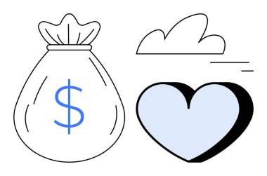 Dolar işaretli para çantası, mavi kalp ve soyut bir şekilde bulut. Finans, başarı, aşk, özlemler, basitlik, motivasyon ve temiz bir iniş sayfası için ideal