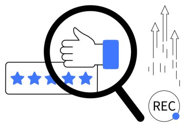 Baş parmaklar üzerinde büyüteç, yıldız reytingleri, yükselen oklar, kayıt simgesi. Geri bildirim, kalite, başarı, değerlendirme, başarı büyüme analizleri için idealdir. Soyut basit düz metafor