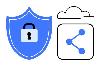 Kilitli bir kalkan, bulut sembolü ve veri güvenliğini, şifreli paylaşımı ve bulut entegrasyonunu vurgulayan ağ paylaşım simgesi. Siber güvenlik, teknoloji, bulut çözümleri ve veri koruması için ideal