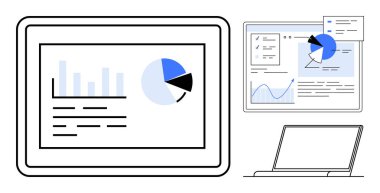 Tablet ve dizüstü bilgisayar çubuk grafikleri, pasta grafikleri ve arayüz gereçlerini gösteriyor. Analiz, raporlama, araştırma, teknoloji, eğitim pazarlama stratejileri için idealdir. Basit biri için mükemmel.