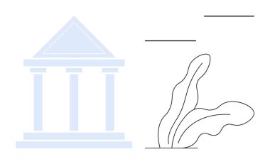 Minimalist soyut bitki şekillerinin yanında üçgen pedikürlü ve sütunlu mimari bina. Sivil kurumlar, hükümet, tarih, sanat, mimari, eğitim, dekor için idealdir. Basit.