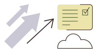 Oklar bir kontrol listesine ve bir buluta işaret ediyor. İlerleme, büyüme, teknoloji, bulut depolama, organizasyon, yenilik, veri yönetimi için ideal. Basit düz metafor