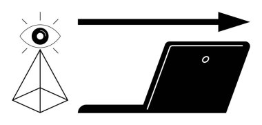 Bir göz sembolü ve okla bir dizüstü bilgisayara bağlanan geometrik piramit. Yenilik, teknoloji, vizyon, analiz, başlangıç, fütüristik kavramlar ve uzak çalışma için idealdir. Basit düz metafor