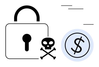 Kilit ve anahtar deliği güvenliği simgeliyor, kafatası ve çapraz kemikler tehlikeyi simgeliyor ve dolar işareti siber saldırılar ve finansal hırsızlığın risklerini vurguluyor. Siber güvenlik ve ekommerans için ideal
