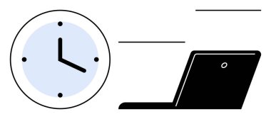 Duvar saati ve dizüstü bilgisayar düzenlemesi zamanı, odaklanmayı ve verimliliği gösteriyor. Zaman yönetimi, üretkenlik, uzaktan çalışma, programlama, iş akışı planlaması, organizasyon için ideal düz metafor