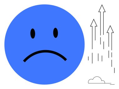 Büyük mavi üzgün yüz, meydan okumalara rağmen yükselen büyümeyi sembolize eden yükselen siyah oklarla ve basit bulutlarla çelişiyor. İş için ideal, kişisel büyüme, esneklik, duygusal denge, motivasyon