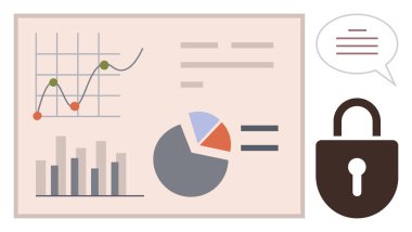 Bar çizelgesi, çizgi grafiği, pasta grafiği, konuşma balonu ve kilit öğesi. Analiz, siber güvenlik, istatistik, gizlilik veri görselleştirme iletişimi için ideal basit düz metafor
