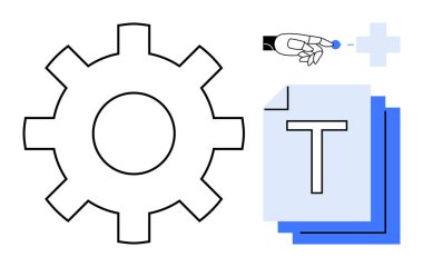 Dişlileri sembolize etme süreci, T ile başlayan metin yönetimi için doküman yığını ve yaratıcılığı temsil eden el yerleştirme ögesi. İş akışı, yönetim, teknoloji, yenilik, üretkenlik ve içerik için ideal