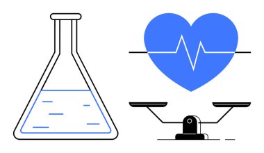 Laboratuvar şişesi, kalp atışı çizgisi ve bilim, sağlık, adalet ve karar verme mekanizmasını vurgulayan denge terazileri. Araştırma, sağlık analizi, sağlık etiği dengesi ve ilerleme için idealdir. Basit.