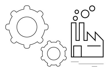 Bir fabrikanın yanında birbirine kenetlenmiş iki dişlinin ana hatları duman yayıyor, üretimi, endüstriyi ve makineleri simgeliyor. Üretim, mühendislik, yenilik, süreç, işletim tedarik zinciri için ideal