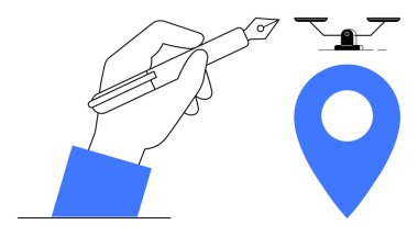 Kalem, büyük konum rozeti ve yaratıcılık, navigasyon, teknoloji, otomasyon, yenilikçi hareketlilik tasarımı taşıyan insansız hava aracı. Modern teknoloji seyahat lojistiği ve ilham için ideal. A