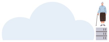 Bastonlu yaşlı bir kadın büyük bir bulutun yanında sunucuların üzerinde duruyor. Teknoloji için ideal, bulut depolama, yaşlıların dahil edilmesi, dijital dönüşüm, yenilik, modern veri, basit düz