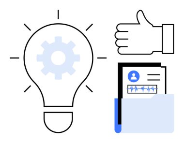 Vitesli ampul, baş parmak işareti, ve klasörde belge. Yenilik, takım çalışması, üretkenlik, onay, yönetim, teknoloji karar verme sayfası için ideal