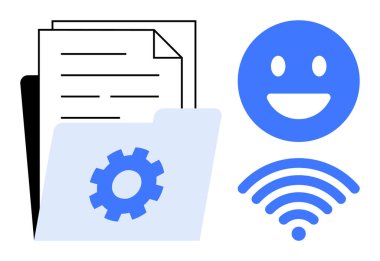 Dosya klasörünü teçhizatlı, belgeli, kablosuz sinyalli ve mutlu yüzlü aç. İletişim, teknoloji, dijital araçlar, dosya paylaşımı, bulut depolama verimliliği ve basit iniş sayfası için ideal