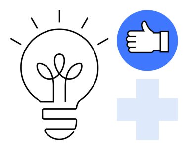 Parlayan ışınlar, mavi başparmak ikonu ve artı işareti yenilik, pozitiflik, takım çalışması, yaratıcılık, büyüme, gelişme ve planlamayı simgeliyor. İş stratejisi teknolojisi için ideal